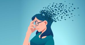 Vector of a woman losing parts of head as symbol of decreased mind function.